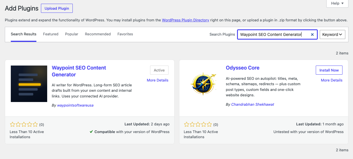 WordPress Add Plugins screen showing Waypoint SEO Content Generator in the search results with an Install Now button